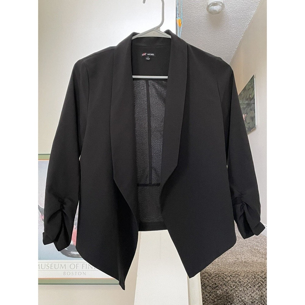 Michel Casual Open Front 3/4 ruched Sleeve Blazer Jacket Womens Small Black